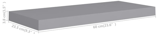 2 db szürke MDF fali polc 60 x 23,5 x 3,8 cm