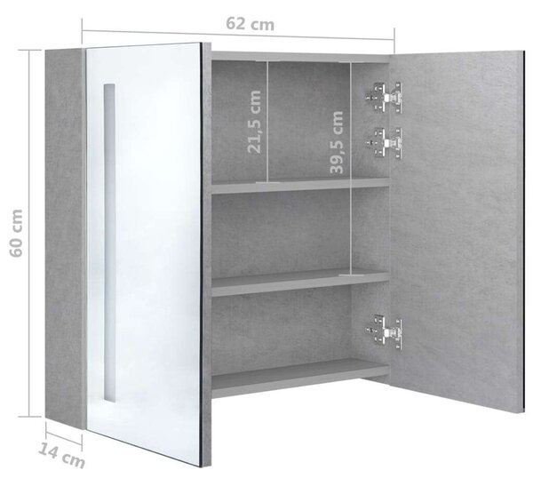 VidaXL betonszürke LED-es tükrös fürdőszobaszekrény 62 x 14 x 60 cm
