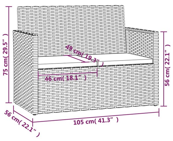 Fekete polyrattan kerti pad párnákkal 105 cm