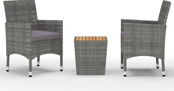 3 részes szürke polyrattan és akácfa bisztrószett
