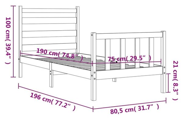 Fenyőfa Ágykeret - Fekete - Kis Single - 75x190 cm