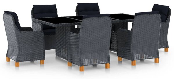 7 részes sötétszürke polyrattan kültéri étkezőszett párnákkal