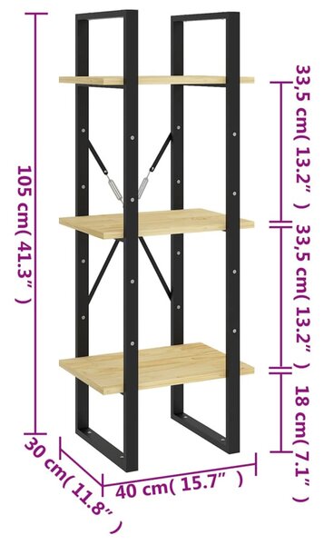Háromszintes tömör fenyőfa könyvszekrény 40 x 30 x 105 cm