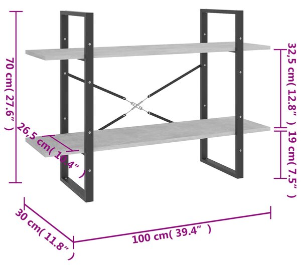 Kétszintes betonszürke szerelt fa könyvszekrény 100x30x70 cm