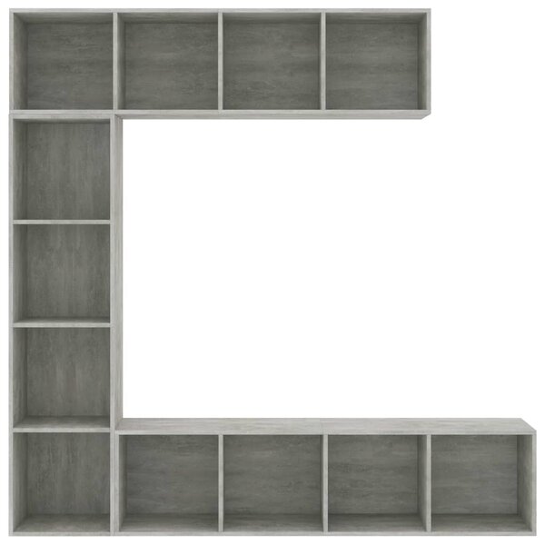 3-részes betonszürke könyv-/TV-szekrényszett 180 x 30 x 180 cm