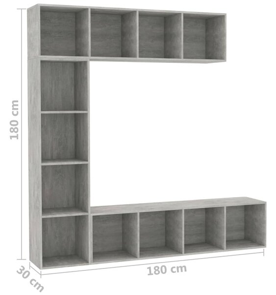 3-részes betonszürke könyv-/TV-szekrényszett 180 x 30 x 180 cm
