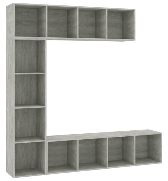 3-részes betonszürke könyv-/TV-szekrényszett 180 x 30 x 180 cm
