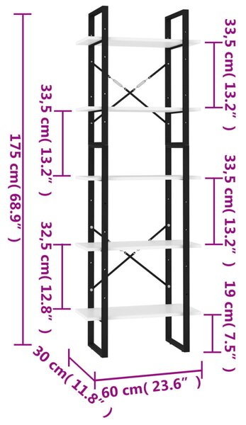 5 szintes fehér szerelt fa könyvszekrény 60 x 30 x 175 cm