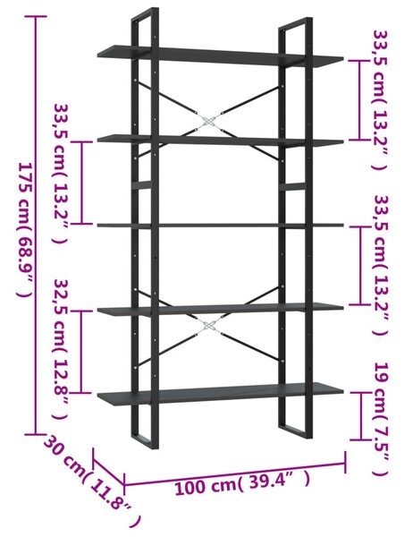5 szintes szürke szerelt fa könyvszekrény 100 x 30 x 175 cm