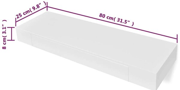 VidaXL Fali Polc Fiókkal - Fehér - 80 cm
