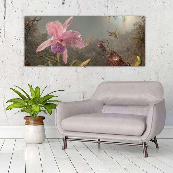 Kép - Martin Johnson Heade, Cattleya Orchid and Three Hummingbirds, reprodukciók (120x50 cm)