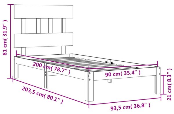 VidaXL tömör fa ágykeret fejtámlával 90 x 200 cm