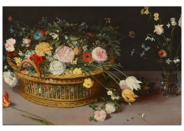 Kép - Jan Brueghel the Elder, Flowers in a Basket and a Vase, reprodukciók (90x60 cm)