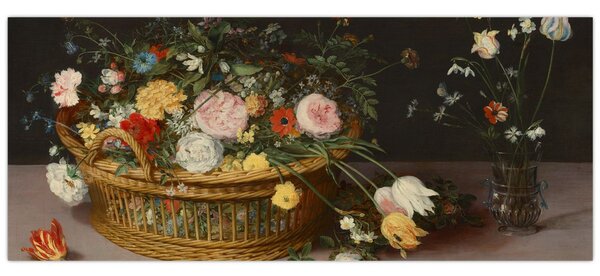 Kép - Jan Brueghel the Elder, Flowers in a Basket and a Vase, reprodukciók (120x50 cm)