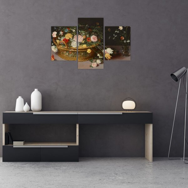 Kép - Jan Brueghel the Elder, Flowers in a Basket and a Vase, reprodukciók (90x60 cm)