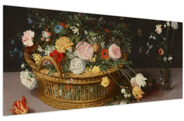 Kép - Jan Brueghel the Elder, Flowers in a Basket and a Vase, reprodukciók (120x50 cm)
