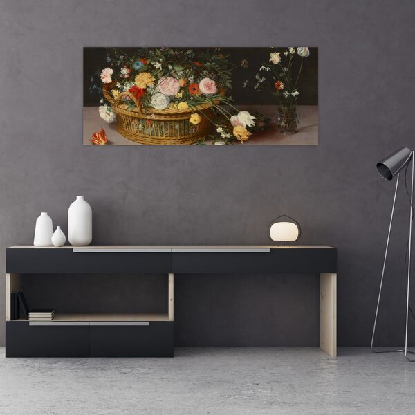 Kép - Jan Brueghel the Elder, Flowers in a Basket and a Vase, reprodukciók (120x50 cm)