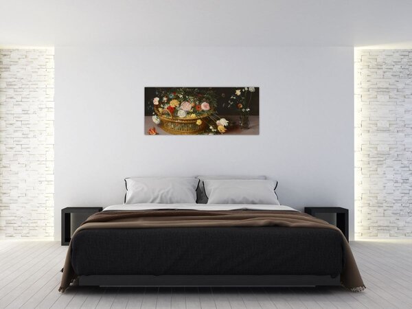 Kép - Jan Brueghel the Elder, Flowers in a Basket and a Vase, reprodukciók (120x50 cm)
