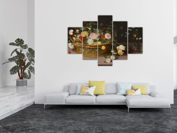 Kép - Jan Brueghel the Elder, Flowers in a Basket and a Vase, reprodukciók (150x105 cm)
