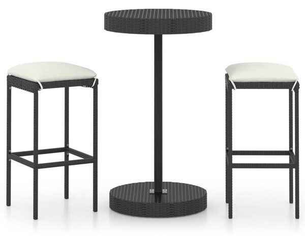 3 részes fekete polyrattan kültéri bárszett párnákkal
