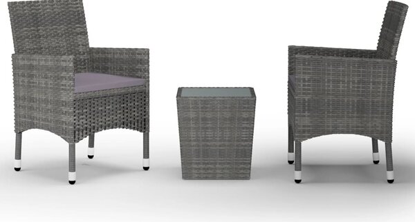 3 részes szürke polyrattan és edzett üveg bisztrószett