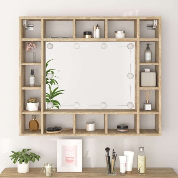 VidaXL sonoma tölgyszínű tükrös szekrény LED-ekkel 91 x 15 x 76,5 cm