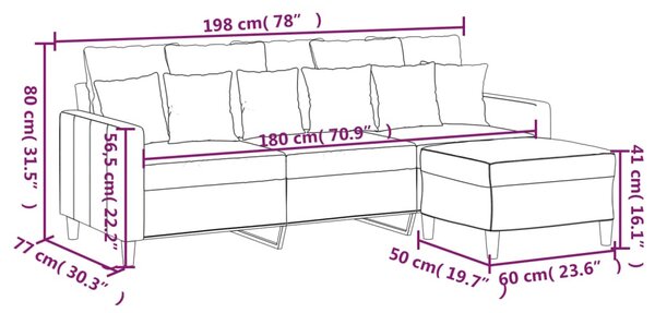 3 személyes sötétszürke bársony kanapé lábtartóval 180 cm