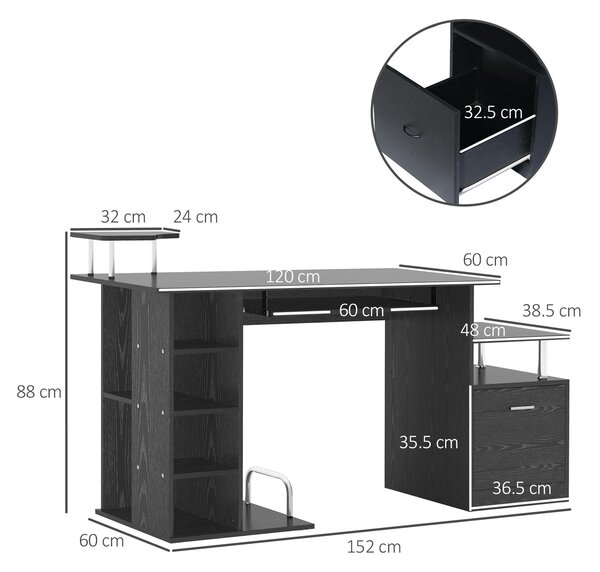 Homcom Íróasztal MDF nyomtatótartó, 152 x 60 x 88 cm, Fekete