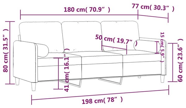 3 személyes barna bársony kanapé díszpárnákkal 180 cm