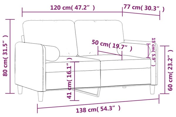 2 személyes világosszürke bársony kanapé díszpárnákkal 120 cm