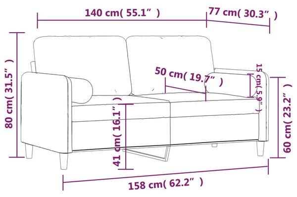 2 személyes barna bársony kanapé díszpárnákkal 140 cm