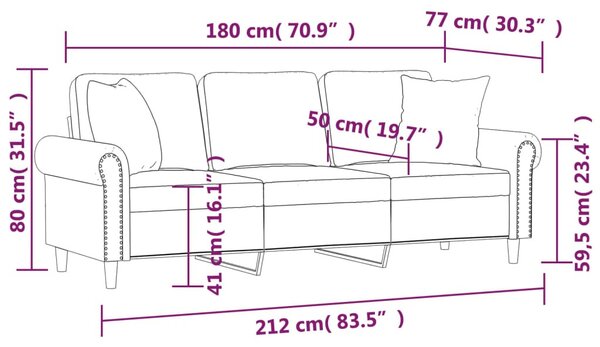 3 személyes krémszínű bársony kanapé díszpárnákkal 180 cm