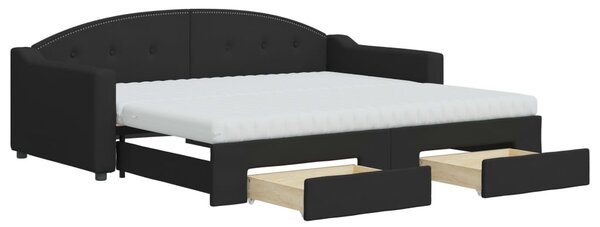 Fekete kihúzható szövet heverő fiókkal 90 x 190 cm