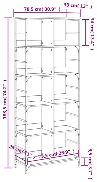 Füstös tölgy színű szerelt fa könyvespolc 78,5 x 33 x 188,5 cm