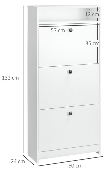 Homcom cipőtartó, 3 rekeszes, PAL, 60x24x132cm, fehér