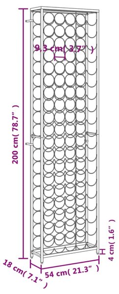 Fekete kovácsoltvas bortartó 95 palackhoz 54 x 18 x 200 cm