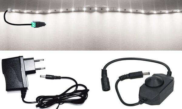 5m hosszú 12Wattos, lengő fekete tekerődimmeres (fényerőszabályzós), adapteres hidegfehér LED szalag (300db 2835 SMD LED)