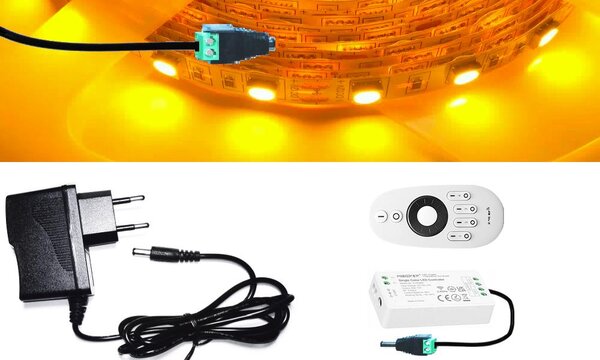 1m hosszú 13Wattos, RF 4 zónás FUT007 távirányítós, vezérlős, adapteres sárga LED szalag (60db 5050 SMD LED)
