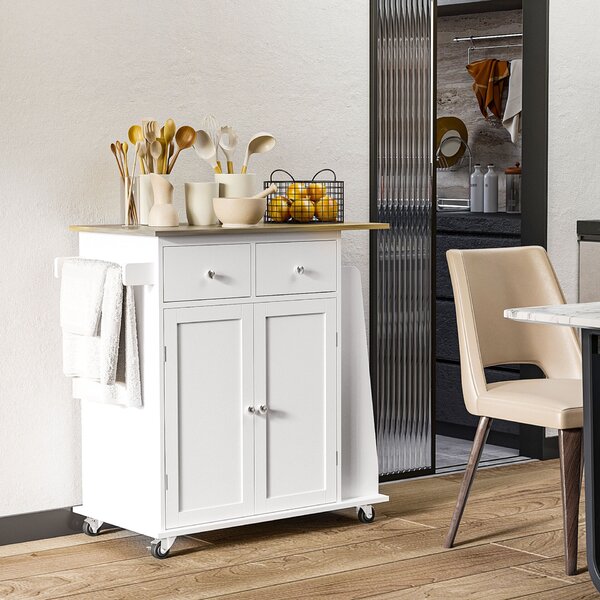 Homcom Konyhai Szekrénykocsi 89x45x89,5cm, Fehér-Világosbarna