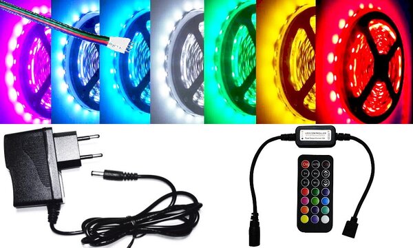 1m hosszú 12Wattos, RF távirányítós, mini vezérlős, adapteres RGB LED szalag (60db 5050 SMD LED)