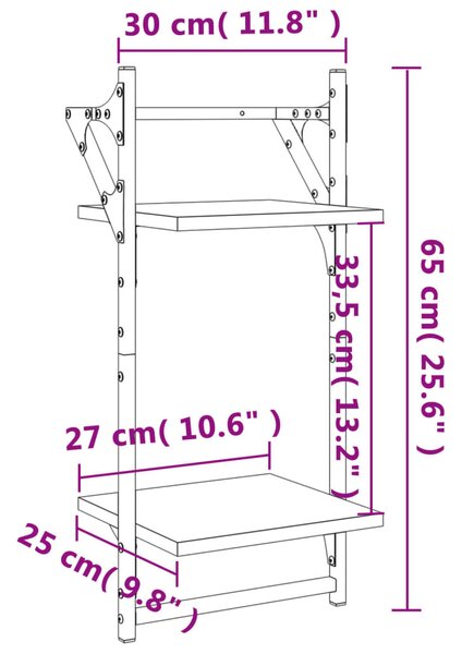 2 db 2 szintes fekete falipolc rúddal 30x25x65 cm