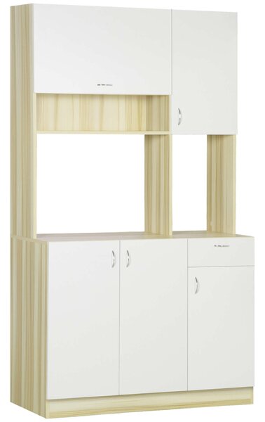 HOMCOM 4 ajtós konyhai büfé 3 szekrényel, fiókkal, fali szekrénnyel és forgácslap asztallappal, 102x48x180cm, fehér és fa színű