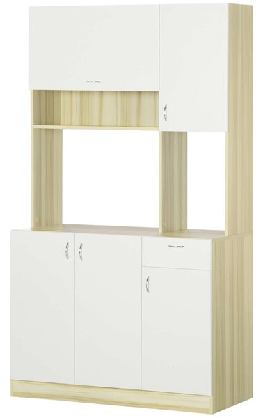 HOMCOM 4 ajtós konyhai büfé 3 szekrényel, fiókkal, fali szekrénnyel és forgácslap asztallappal, 102x48x180cm, fehér és fa színű