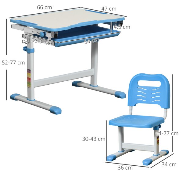 Homcom állítható magasságú Íróasztal és szék, 6-12 éves korig, 66x47x52-77cm, kék/szürke