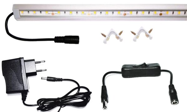 100cm-es 13 Wattos, 12 Voltos borostyán LED, átlátszó, sarok alumínium profilban, adapterrel, lengőkapcsolóval (60db 5050 SMD LED)