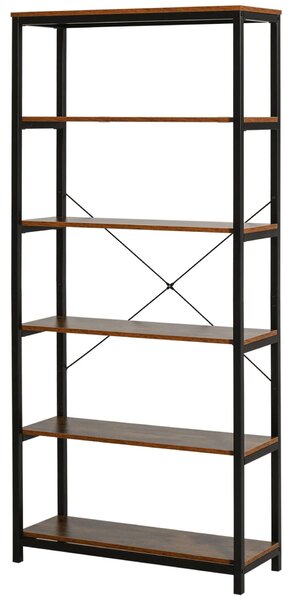 HOMCOM Függőleges Könyvespolc Vintage Ipari Stílusban, Helytakarékos Polc 6 Polccal Fából és Fekete Fémből, 80x30x180 cm