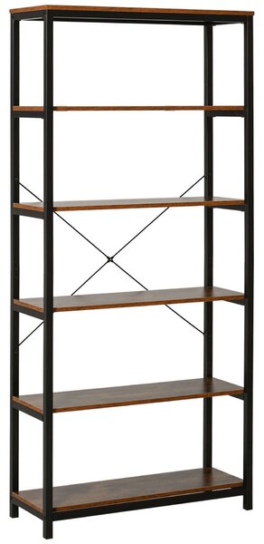 HOMCOM Függőleges Könyvespolc Vintage Ipari Stílusban, Helytakarékos Polc 6 Polccal Fából és Fekete Fémből, 80x30x180 cm