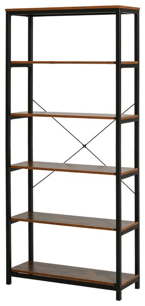 HOMCOM Függőleges Könyvespolc Vintage Ipari Stílusban, Helytakarékos Polc 6 Polccal Fából és Fekete Fémből, 80x30x180 cm