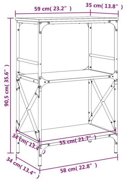 3 szintes szürke sonoma szerelt fa könyvespolc 56x35x90,5 cm
