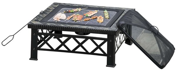 Outsunny Kerti Tűzrakóhely Fedővel, Szikrafogóval és Fém Grillezővel 76x76x47cm, Fekete